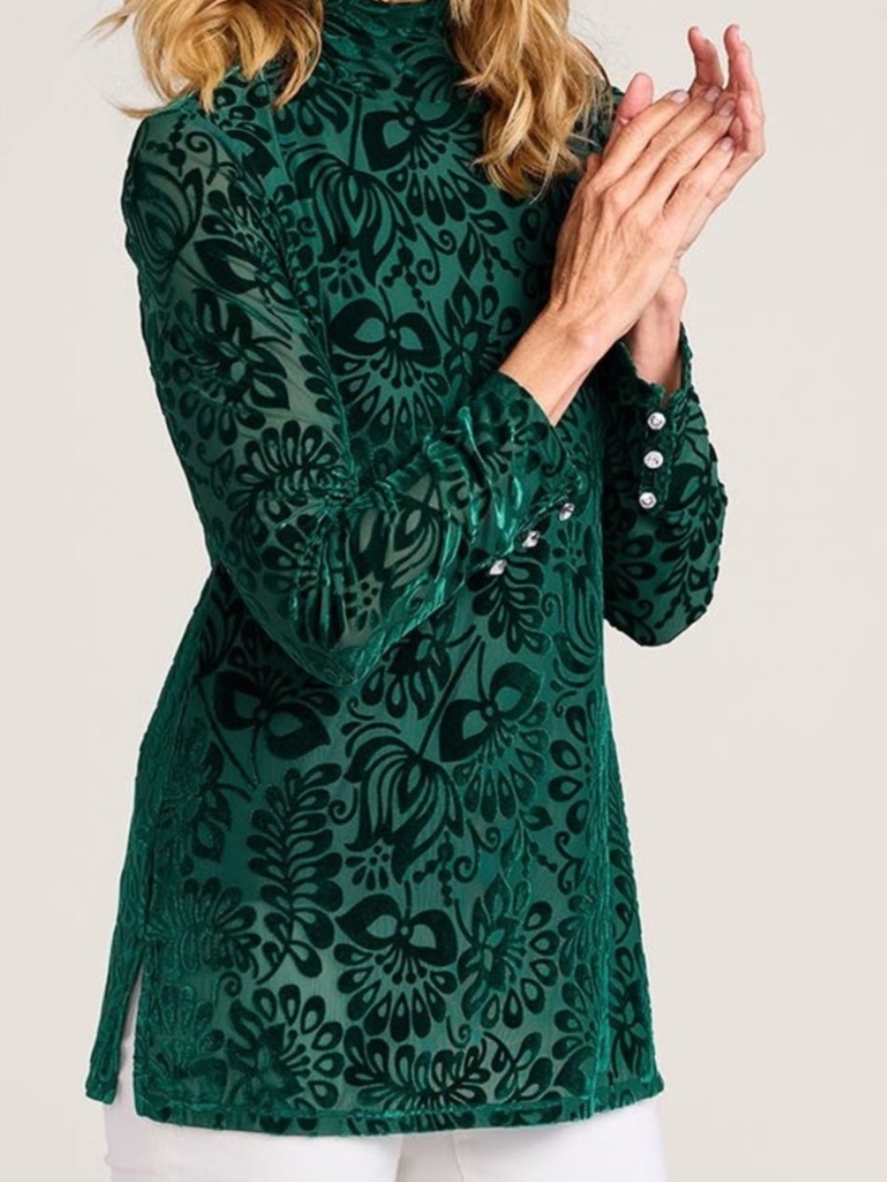 Soft Surroundings Blouse Womens 2X Green Velvet Burnout Floral Mock Neck Tunic
